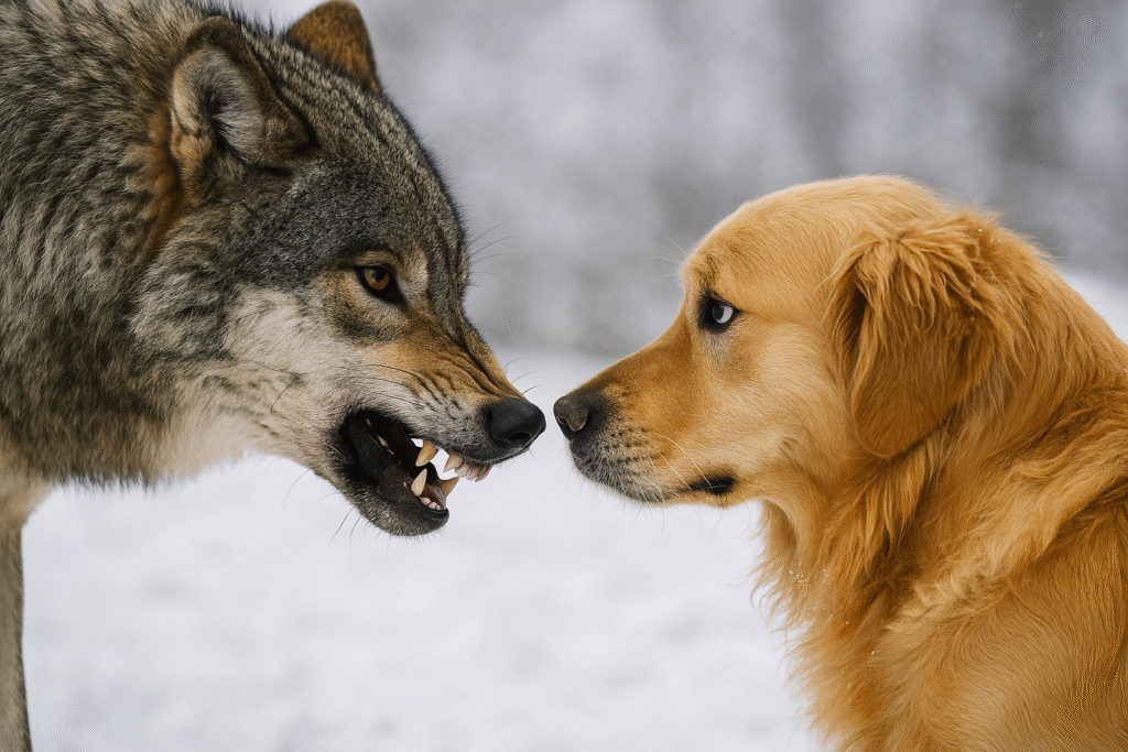 Lobo cinzento encara um cão da raça golden retriever em cenário nevado, simbolizando as diferenças comportamentais entre lobos e cães domésticos.