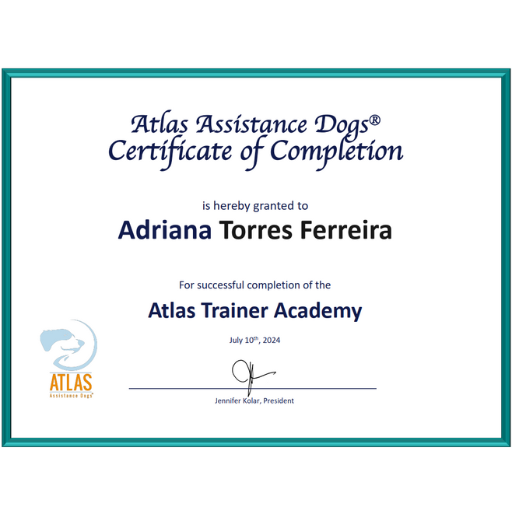 Certificado de conclusão de curso na Atlas sobre treino de cães de assistência.