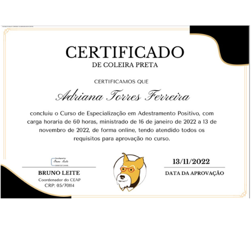Certificado de conclusão de curso Especialização em Adestramento Positivo, com Bruno Leite.