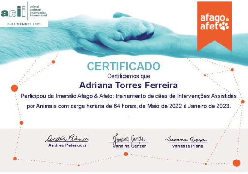 Certificado de conclusão de curso na Somar, sobre treinamento de cães de SAAS.