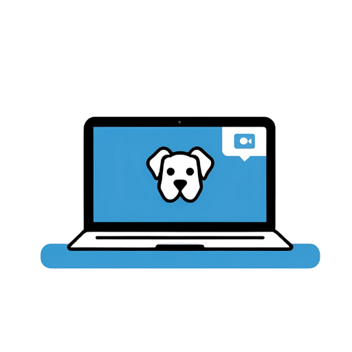 Ícone plano de um laptop com a cara de um cachorro na tela, representando uma consulta online. Tons de azul e cinza, minimalista e acessível. Fundo branco.