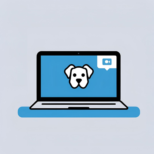 Ícone plano de um laptop com a cara de um cachorro na tela, representando uma consulta online. Tons de azul e cinza, minimalista e acessível. Fundo branco.