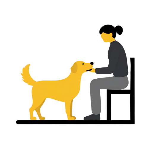 Ícone plano de uma pessoa sentada interagindo com um cachorro, cara a cara. Projetado para representar uma consulta presencial sobre comportamento canino. Fundo branco.