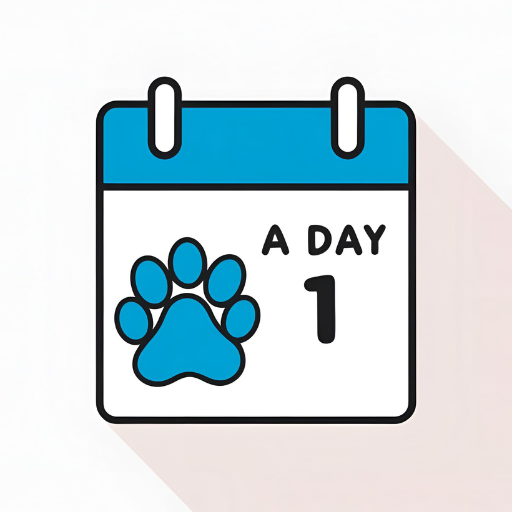 Ícone plano de um calendário com uma pata de cachorro azul marcando um dia. Fundo limpo, minimalista, cores suaves. O calendário representa a rotina diária de treinamento de cães. Estilo simples, delineado e acessível. Fundo branco