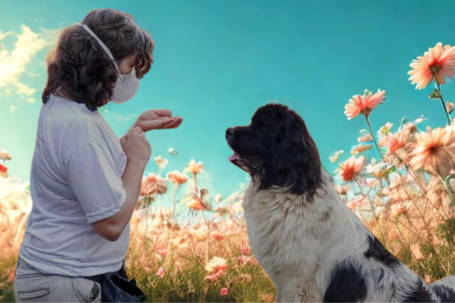 Foto minha de perfil, ajoelhada, com uma cachorra terra nova, preta com manchas brancas. Estamos olhando uma para a outra enquanto seguro um petisco na frente do focinho dela.