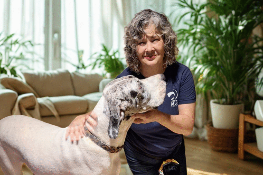 Foto minha, mulher branca, de cabelos grisalhos na altura dos ombros, usando uma blusa azul de malha e ajoelhada ao lado da Morgana, minha dogue alemã branca com manchas cinzas e pretas na cabeça. Ela está do meu lado esquerdo e olha pra mim. Atrás de mim tem plantas e um sófá.