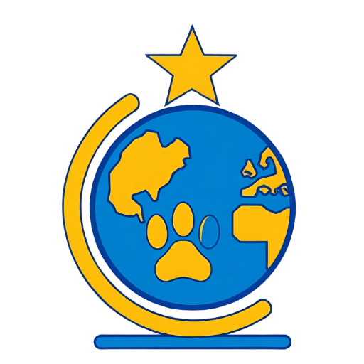Ícone de um desenho de um globo terrestre, com uma estrela amarela em cima e um continente em formato de pata de cachorro.