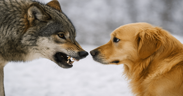 Imagem criada por IA. Mostra um lobo cinzento encarando um cão da raça golden retriever. O lobo demonstra agressividade e o cão, medo. Atrás tem uma paisagem de neve.
