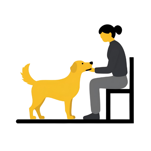 Ícone plano de uma pessoa sentada interagindo com um cachorro, cara a cara. Projetado para representar uma consulta presencial sobre comportamento canino. Fundo branco.