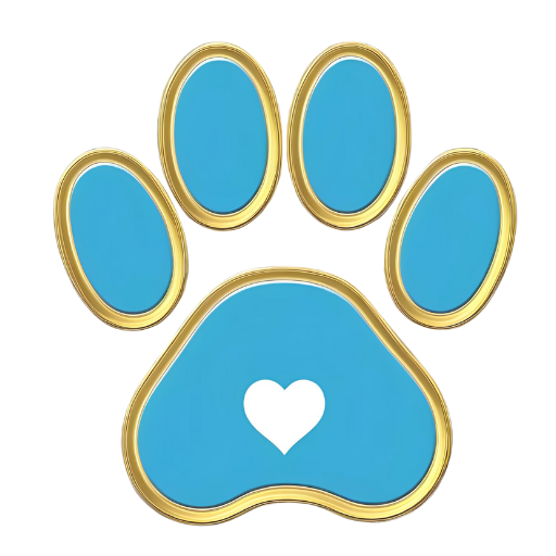 Ícone com uma pata com fundo azul e borda amarelo ouro, com um coração branco no meio da pata.
