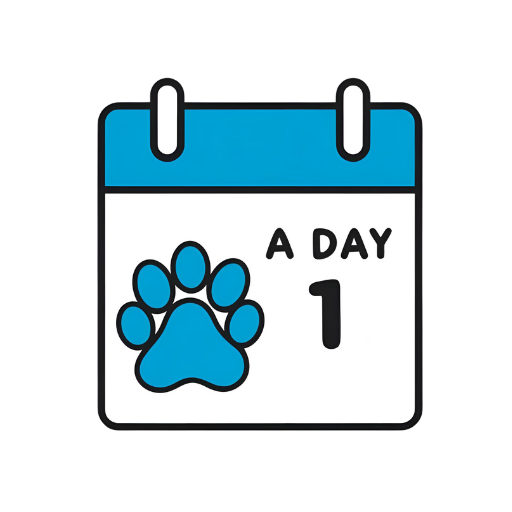Ícone plano de um calendário com uma pata de cachorro azul marcando um dia. Fundo limpo, minimalista, cores suaves. O calendário representa a rotina diária de treinamento de cães. Estilo simples, delineado e acessível. Fundo branco