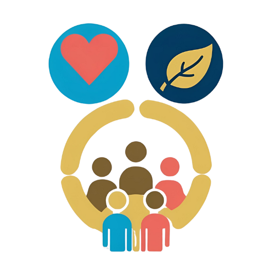 Ícone com um coração e uma folha em cima, representando amor e natureza, e um grupo de pessoas (bonecos) com um círculo representando relacionamentos.