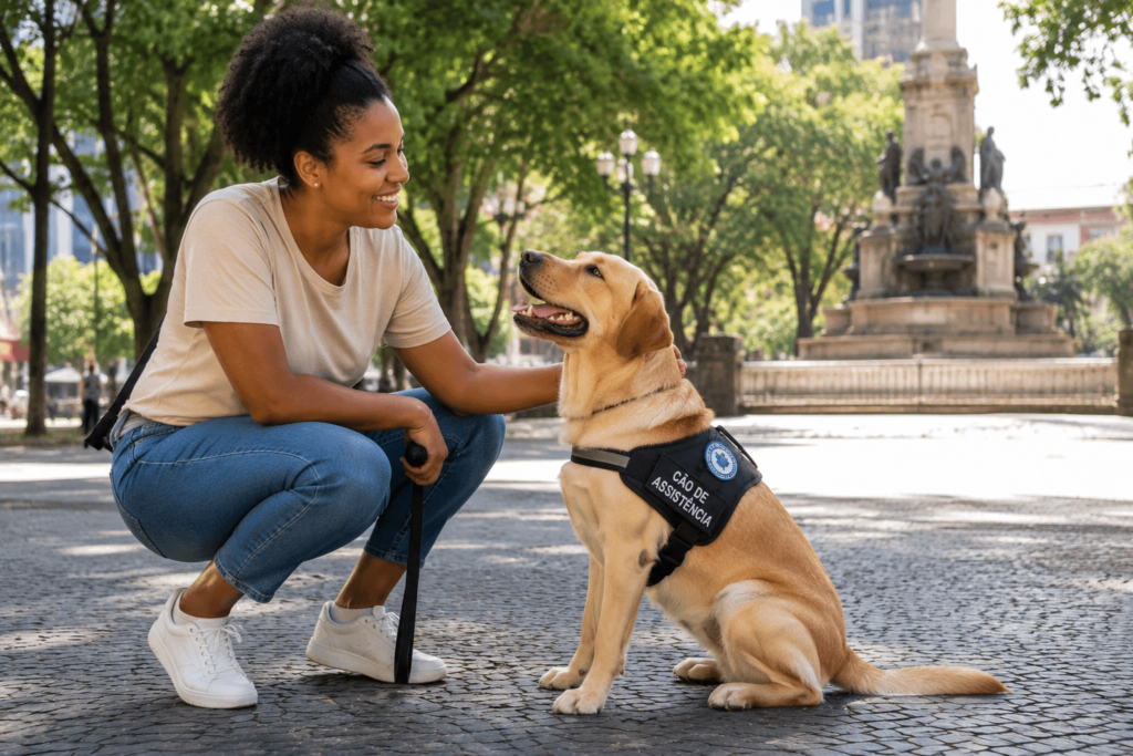 imagem criada por IA. Cão da raça labrador sentado de perfil, usando um colete escrito "cãod e assistência", junto a uma mulher jovem, negra, sorridente. Estão em uma praça e faz sol.