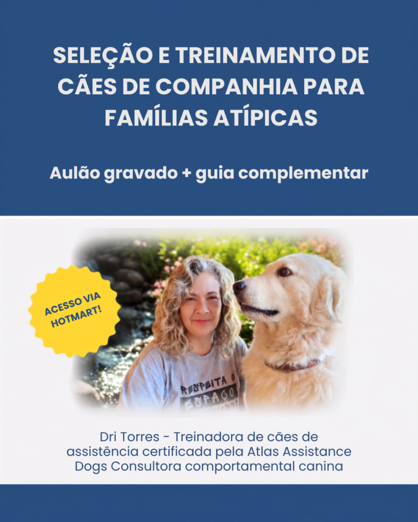 imagem de divulgação do aulão sobre seleção e treinamento de caes de companhia para famílias atipicas. Foto minha com o Jack, meu kuvasz e texto com o título do aulão e outras informações listadas abaixo da imagem no site.